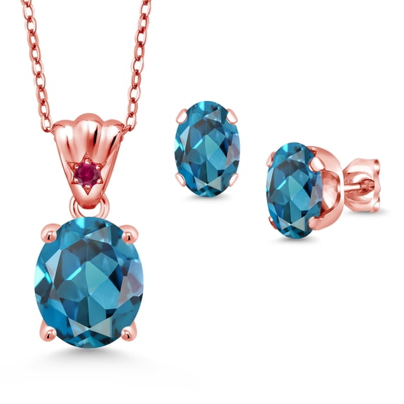 18K Rose Gold Plated Silver London Blue Topaz and Red Created Ruby Pendant and Earrings Jewelry Set for Women (7.25 Cttw, Gemstone Birthstone, Oval 11X9MM and 8X6MM with 18 inch Silver Chain)