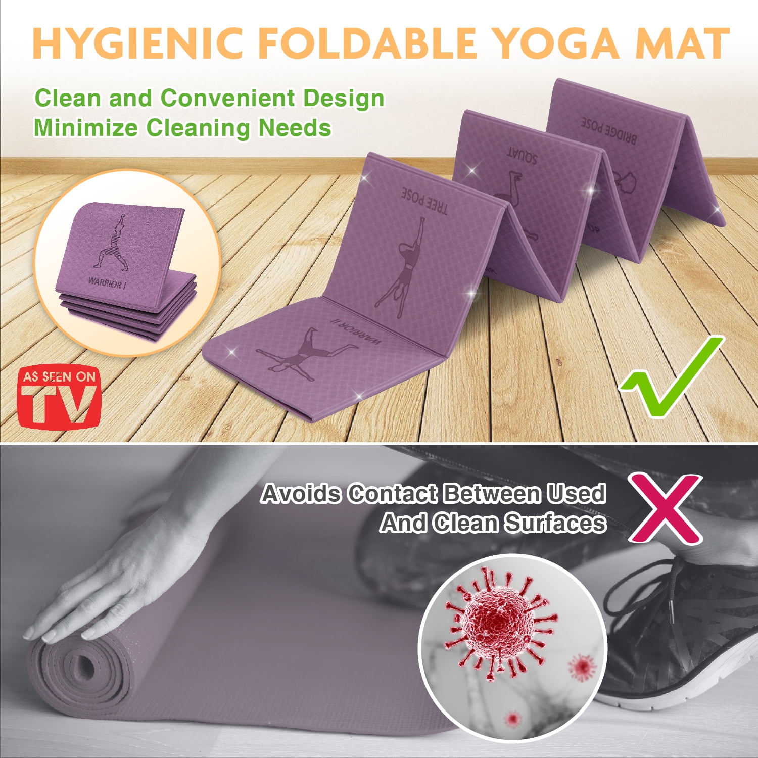 Foldable Yoga Mat - Illustrated 14 Embossed Poses, Square Folding Travel Firness & Exercise Mat as seen on TV, Perfect Storage, Pilates, Home Workout