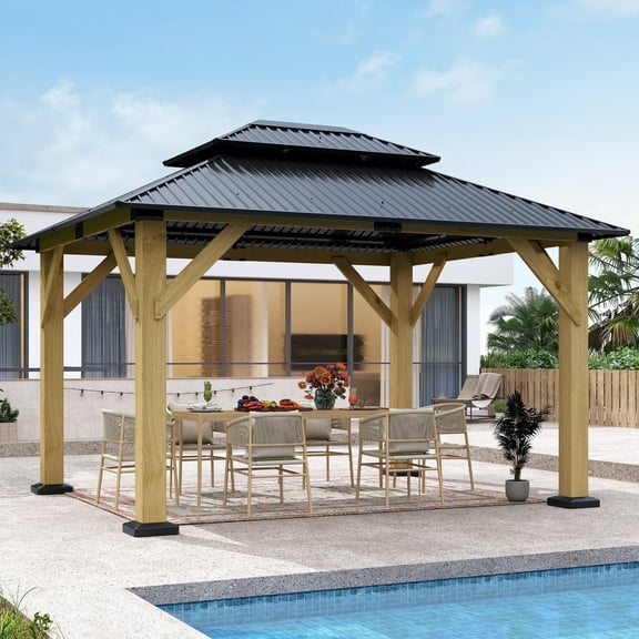 GARTOO 10 x 12 ft. Outdoor Wooden Hardtop Gazebo, Galvanized Steel Double Roof Gazebo for Patio, Backyard, Deck, Lawns