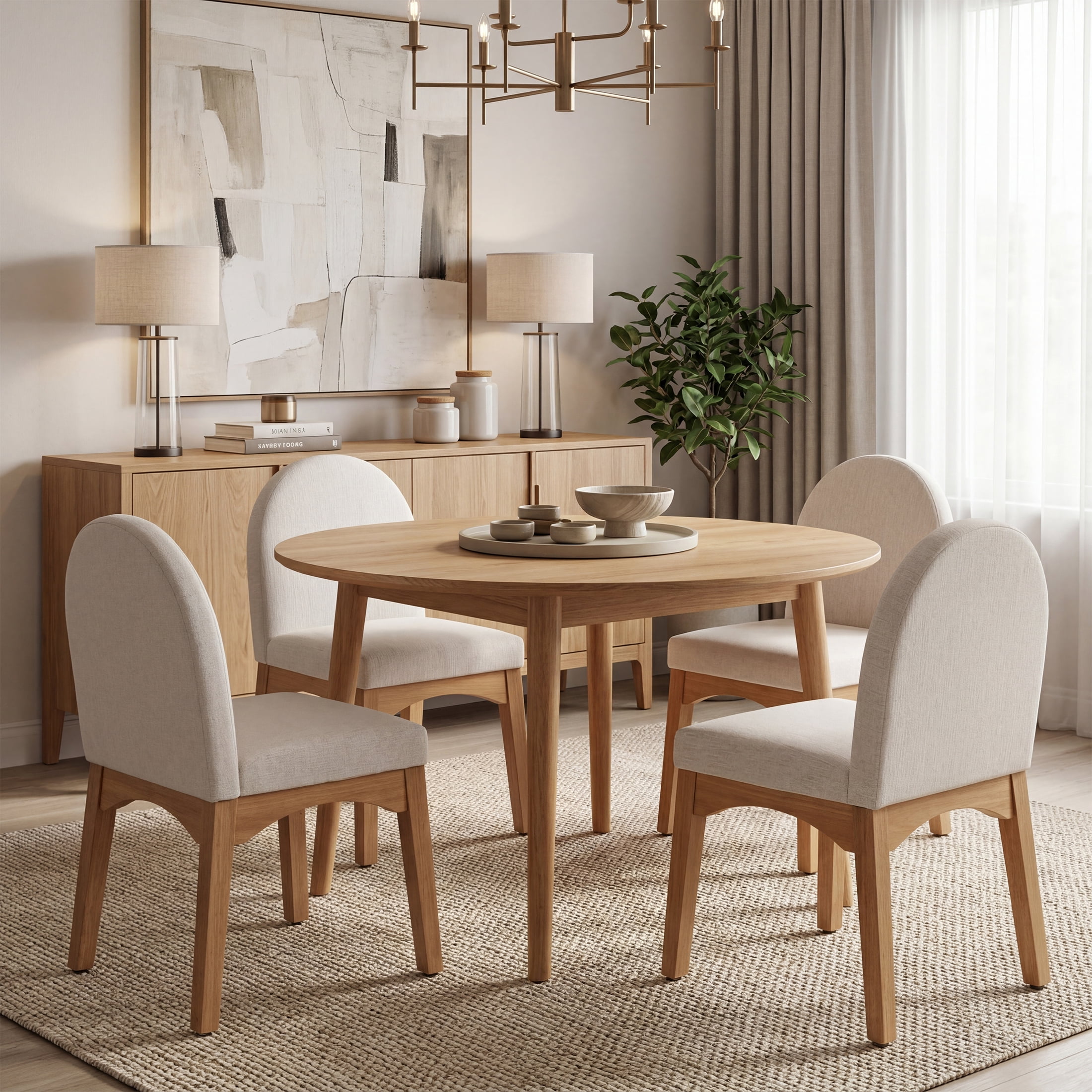 Guyou Modern Dining Chairs Set of 6, Linen Upholstered Dining Room Chairs, Mid Century Wooden Kitchen Side Chairs for Dining Room, Kitchen, and Living Room, Beige