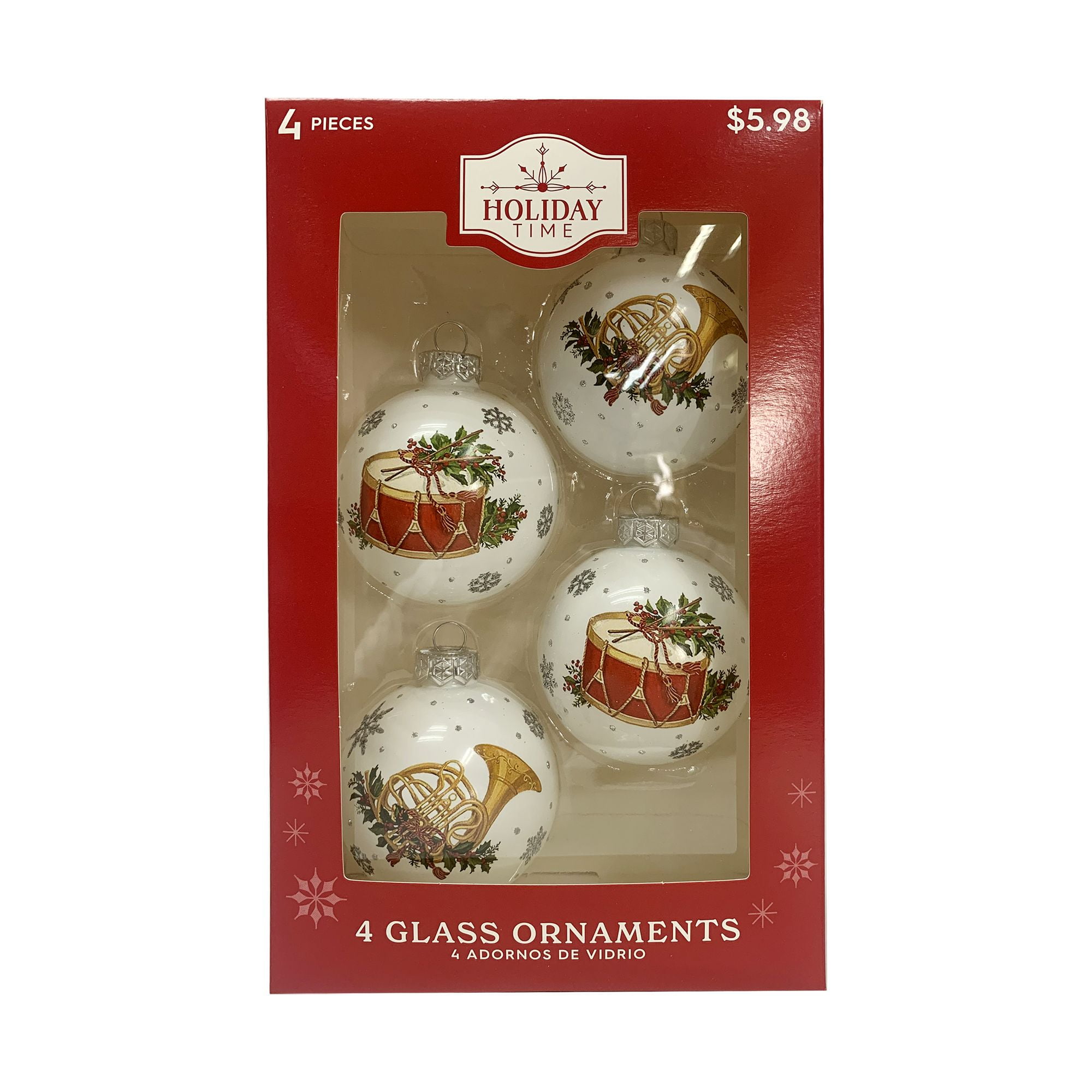 Holiday Time Christmas 65mm Vintage Horn and Drum Glass Ball Hanging Ornament, 4-Piece Box