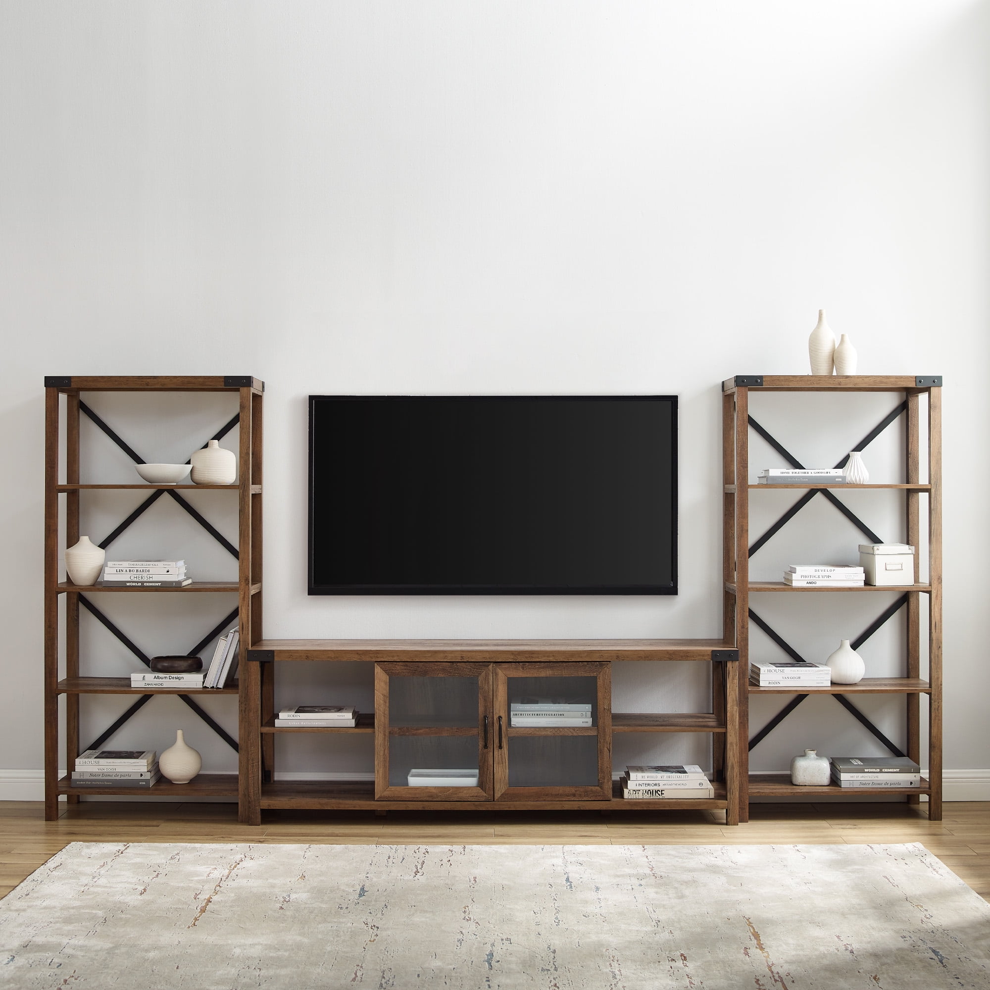 Walker Edison Rustic Industrial 3 Piece Entertainment Fireplace Wall Set, Barnwood