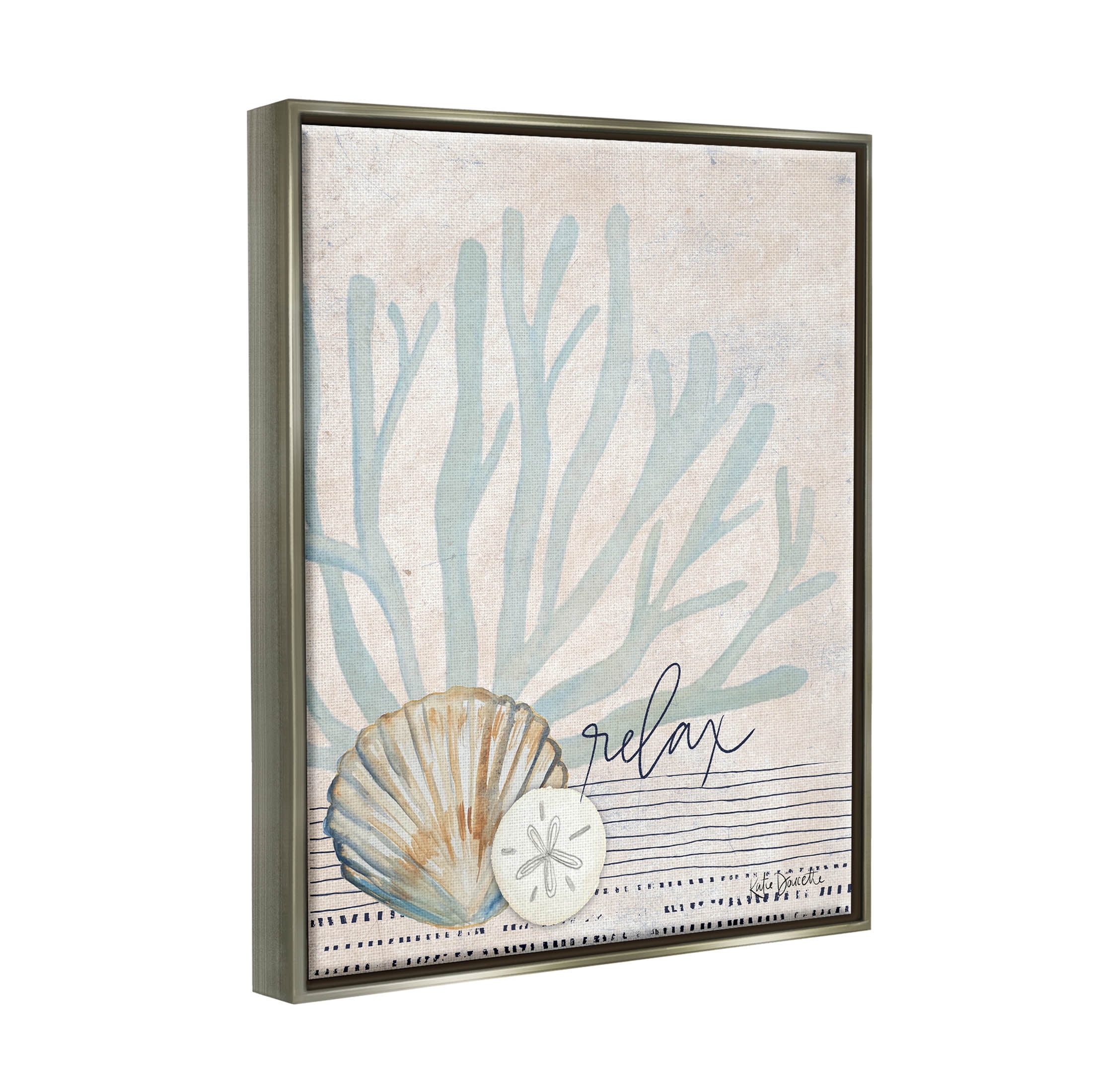 Stupell Industries Striped Sea Life Aquatic Seashells Graphic Art Luster Gray Floating Framed Canvas Print Wall Art, Design by Katie Doucette