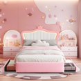 thumbnail image 2 of Full Size Led Bed with Drawers, Upholstered Full Bed Frame with Adjustable Headboard, Cute Pink Princess Bed with Crown Design for Girls, LED Full Frame with Storage, 2 of 10