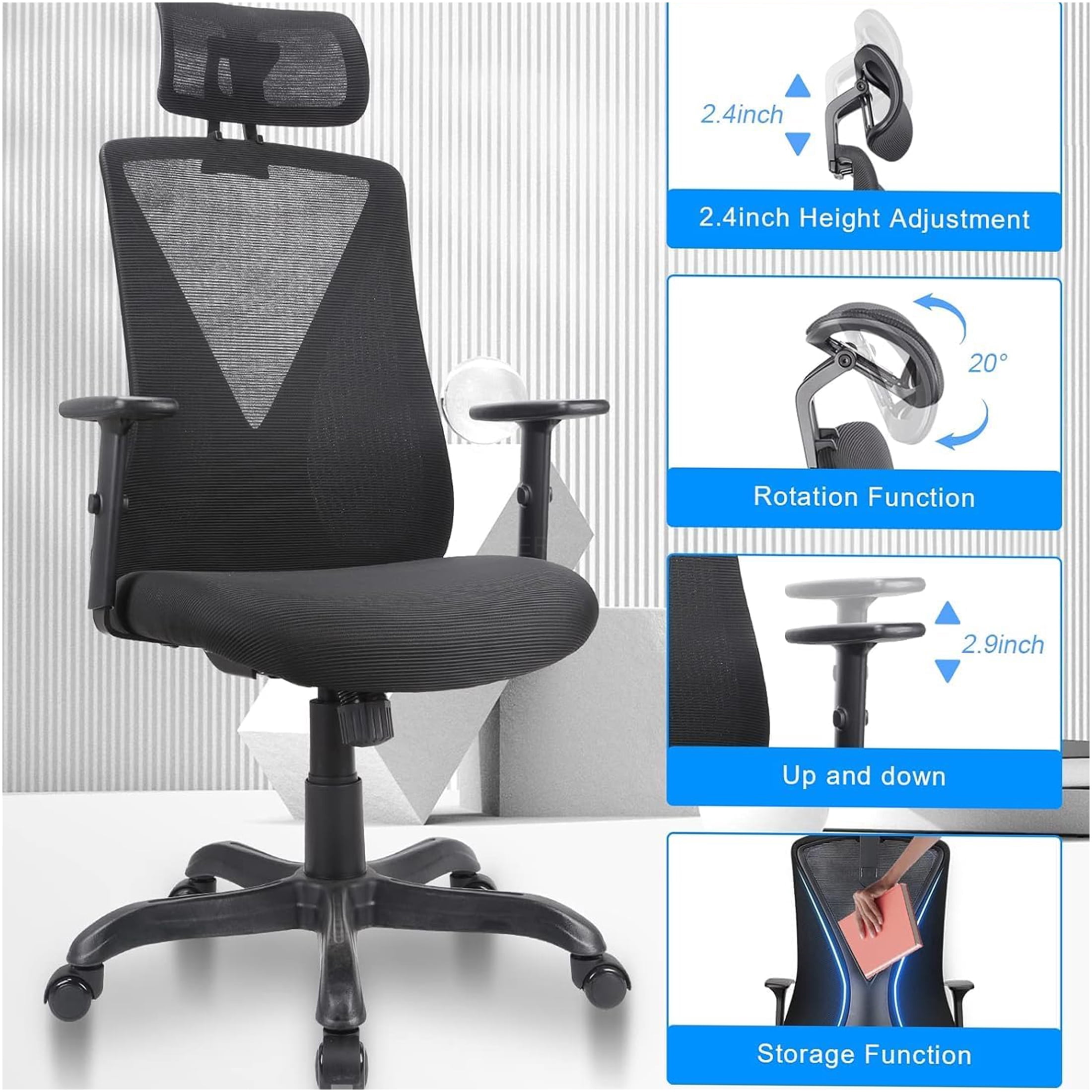 JERFIT L Shaped Desk with Bookshelf, 360° Rotating Corner Computer Desk for Home Office, Black Workstation with Storage