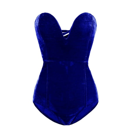 

KelaJuan Women s Strapless Bodysuit Sexy Deep V Neck Cross Back Velvet Bodycon Leotard Top