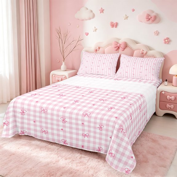Manfei Girls Bow Twin Sheet Sets,Cartoon Bowtie Bowknot Twin Fitted Sheet,Pink Geometric Buffalo Flat Sheet For Girl Kids,Super Cozy Bedroom Decorative,3 Pieces