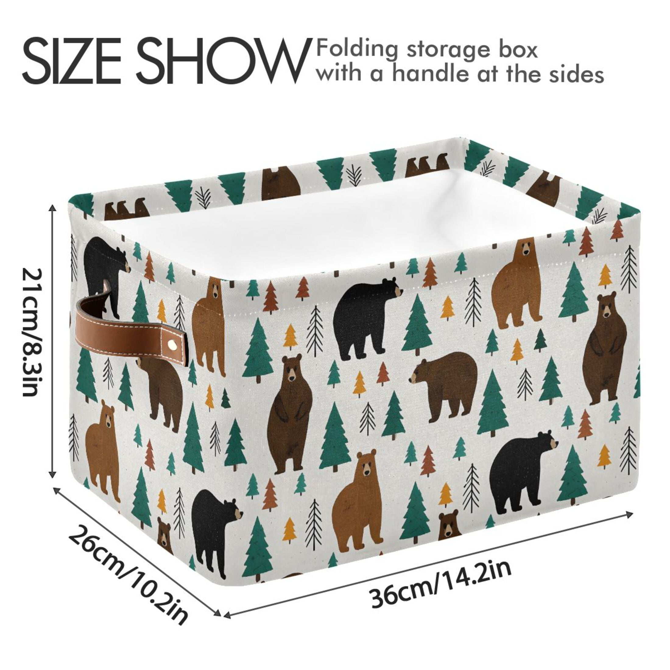 Storage Bins with Handle Fabric Organizer Basket Foldable Box 1 Pack Bear Forest 14.2x10.2x8.3