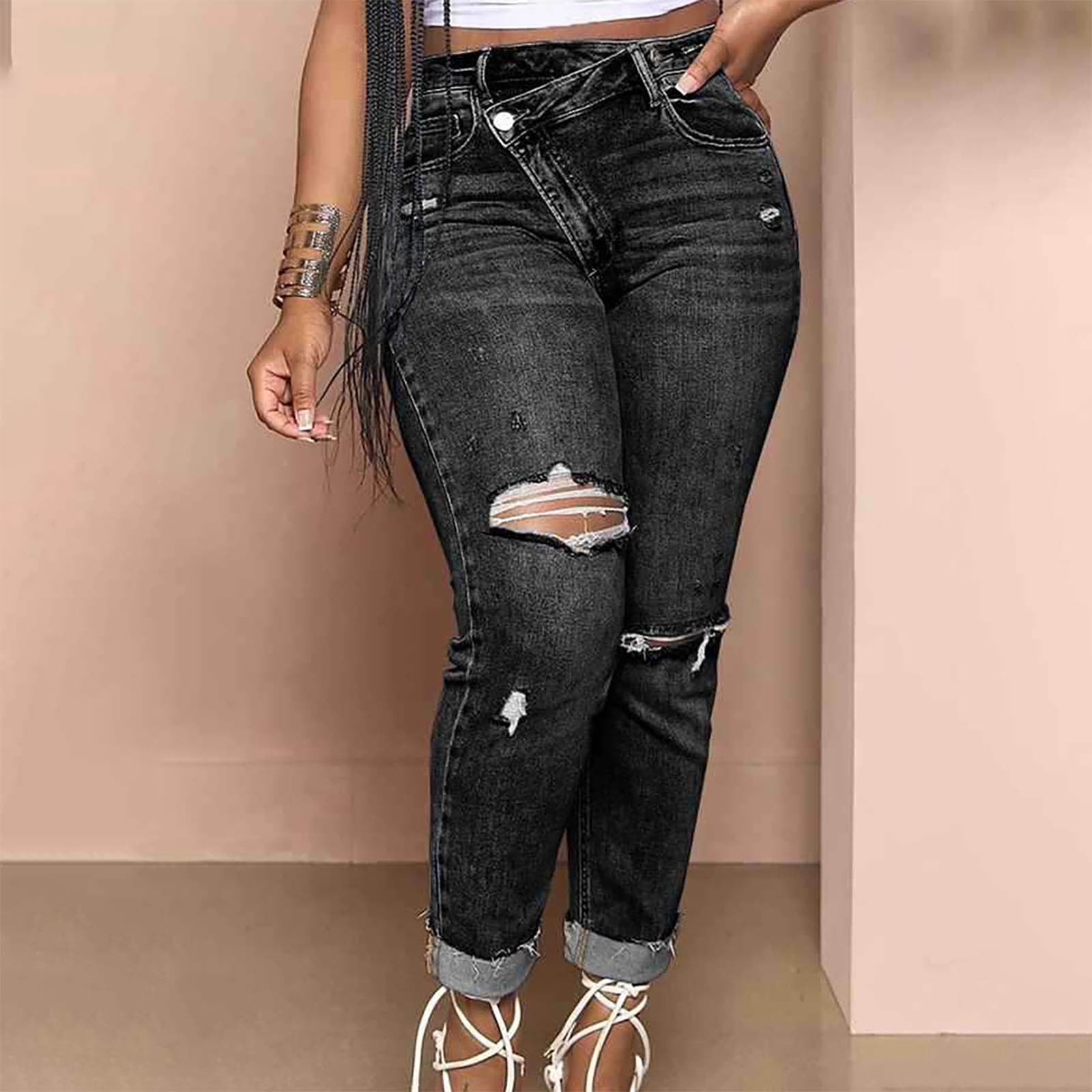 Dealovy Jeans pour Femmes Taille Haute Extensible Ajusté Trou