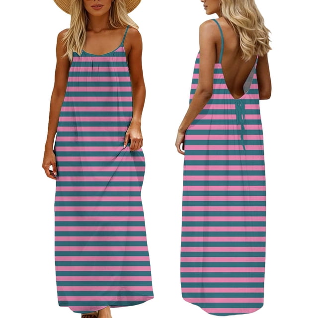 Daiosportswear Robe d'Été Fluide Dos Nu à Rayures Noires et Blanches pour Femmes, Bretelles Spaghetti Ajustables, Robe Maxi de Plage Multicolore P