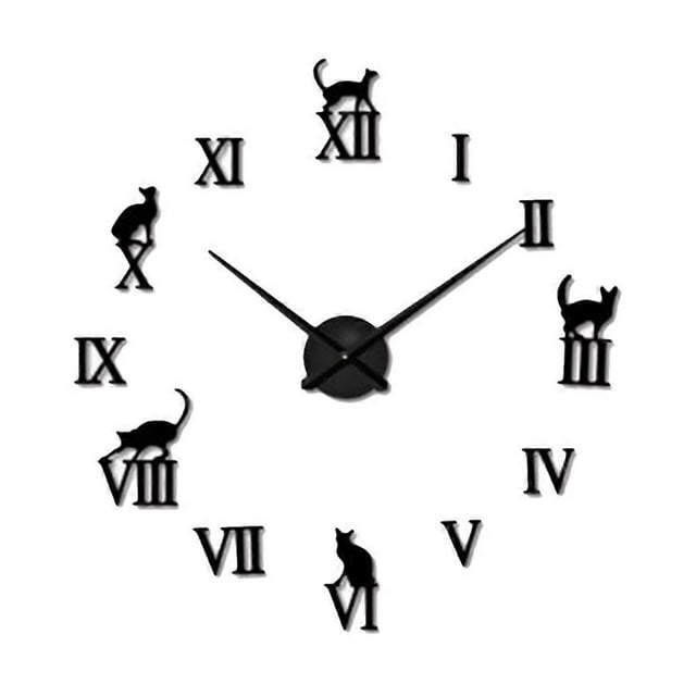 Big DIY Cat Wall Clock Modern Design Animal Large Clocks Personality Acrylic Mirror Wall Clock Home Decor(Black)
