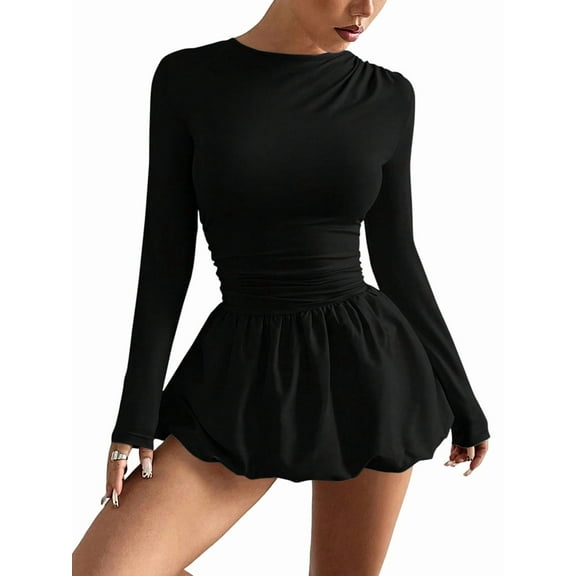 Women'S Bubble Dress Cut Out Ruffle Hem Backless Long Sleeve A Line Mini Dresses Black L