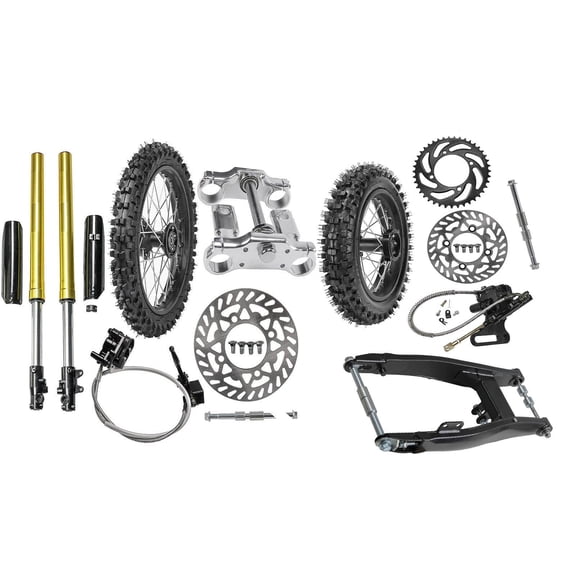 14" 12" Wheel Combo 60/100-14 80/100-12 Tire and Rim Disc Brake Assembly   Front Forks End Triple Clamps   Rear Swing Arm Kit Mini Dirt Pit Bike Razor 70cc 110cc 125cc SSR