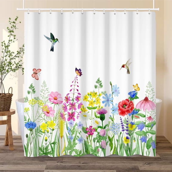 Spring Floral Shower Curtain Flowers with Birds Bath Curtain Decor with Hooks for Bathroom 72x72 in