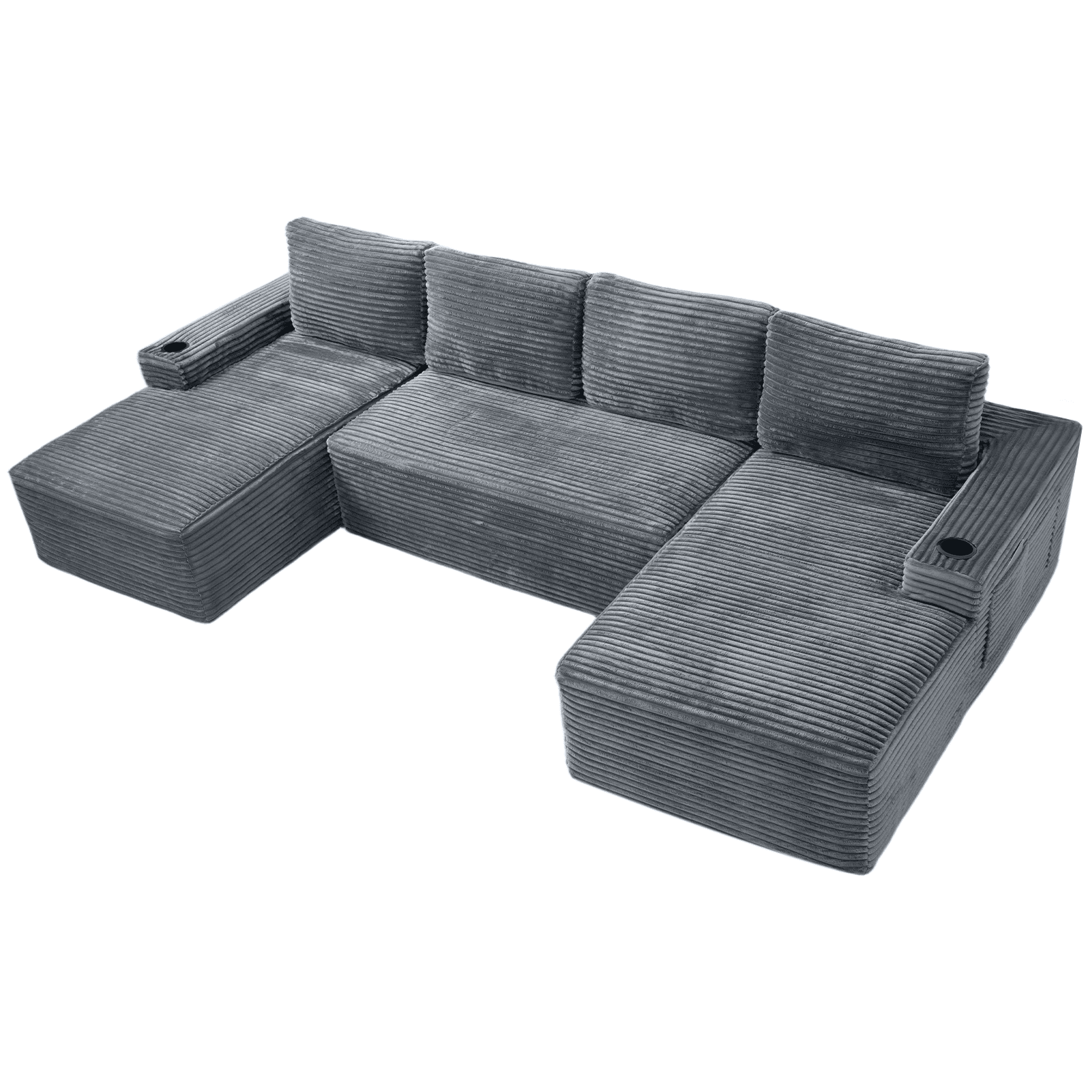 AISWORD 133.4" U-Shaped Modular Sectional Sofa, Corduroy Cloud Couch with Cup Holders & Side Pockets, Boneless Deep Seat Sleeper Chaise, No Assembly Required, Gray