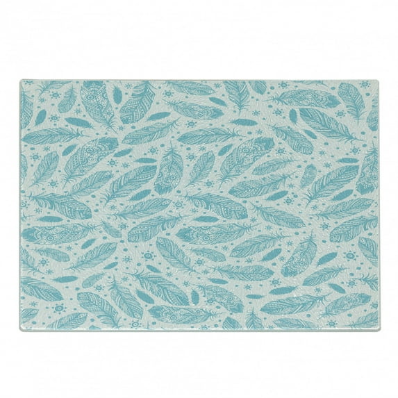 Feather Cutting Board, Vintage Monochrome Pattern of Quills and Sun Motifs Design, Decorative Tempered Glass Cutting and Serving Board, Small Size, Pale Blue and White, by Ambesonne
