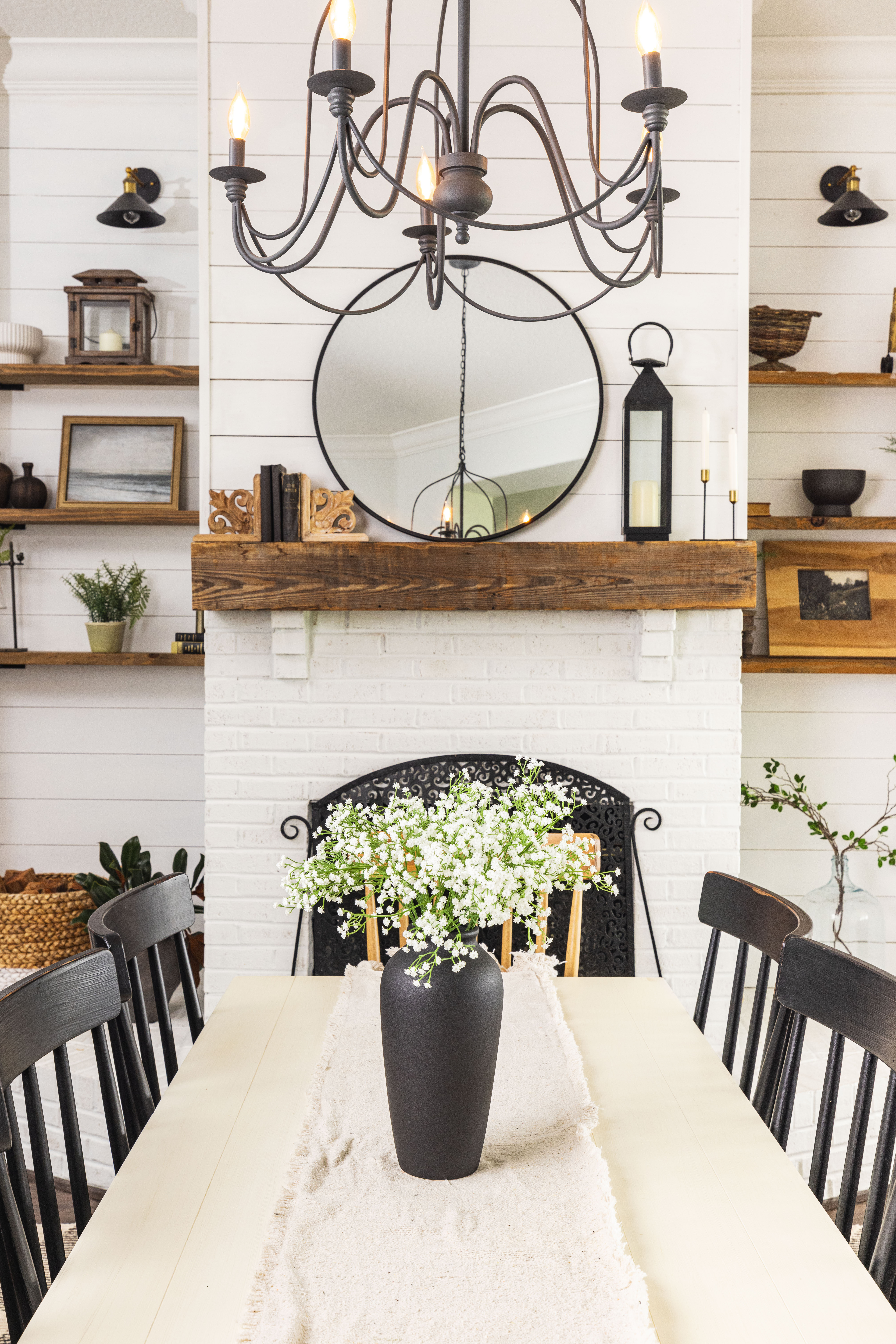 Laurel&Vine 12" Tall Black Ceramic Vase, Speckled Textured Minimalist, with 15 Stems of 22" Faux Artificial White Babys Breath, Farmhouse Console Centerpiece Decor, Real Touch Fake Flowers in Vase