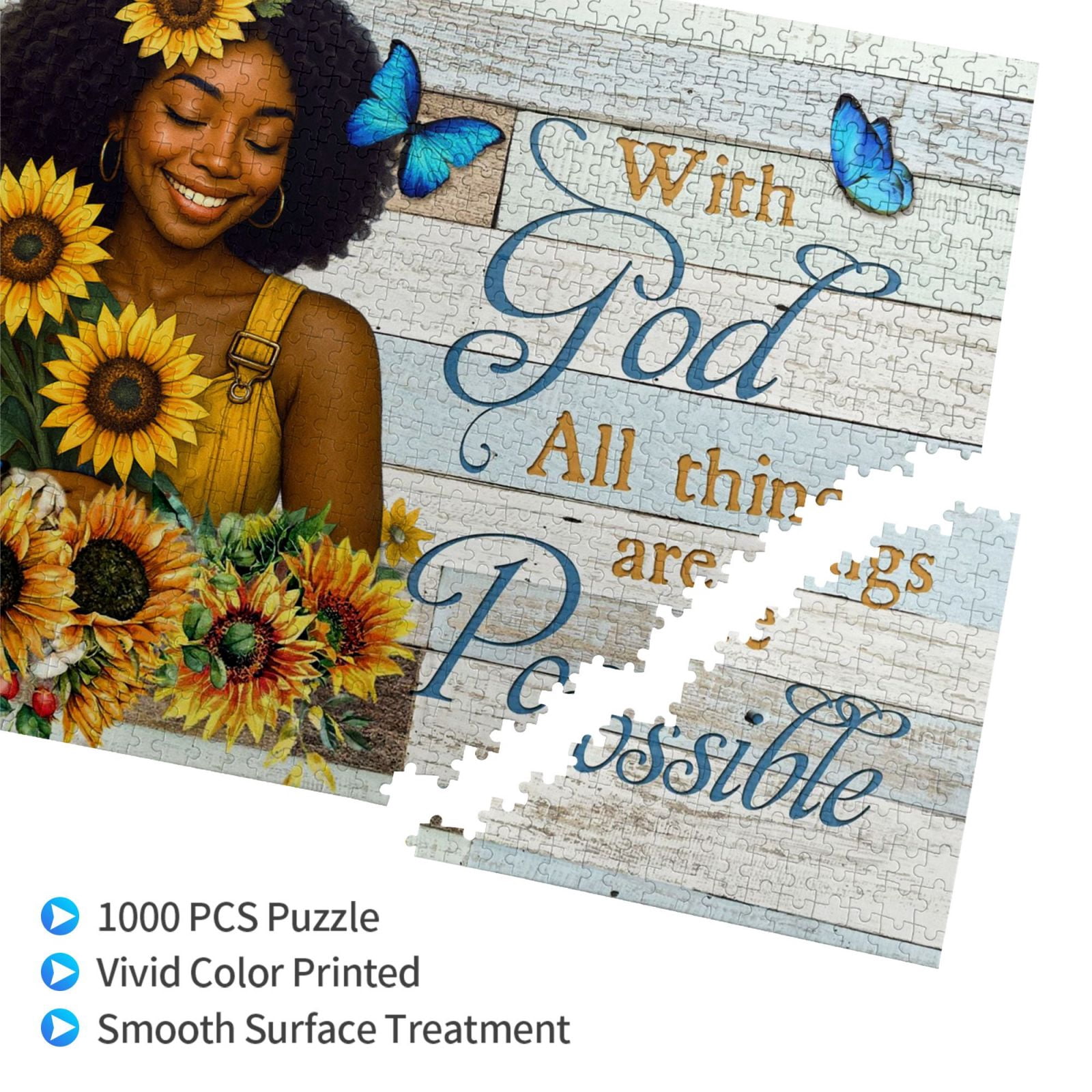 African American Inspirational 1000 Pieces Jigsaw Puzzles Black Queen Motivational Jigsaw Puzzles Black Women Sunflower with God All Things Are Possible