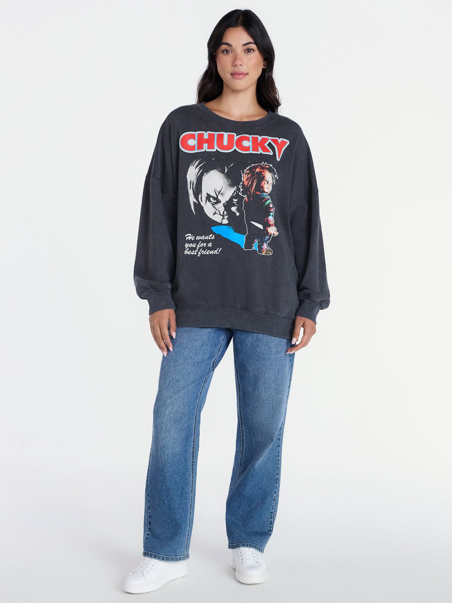 Chucky Women’s Halloween Sweatshirt, Sizes XXS-XXL