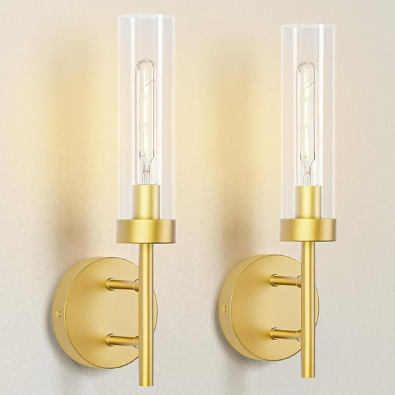 2-Pack Modern Gold Wall Sconces, Hardwired Dimmable Vanity Light Fixture w/ Clear Glass Shade | Indoor E26 Lights for Bathroom, Bedroom & Living Room Accent Decor