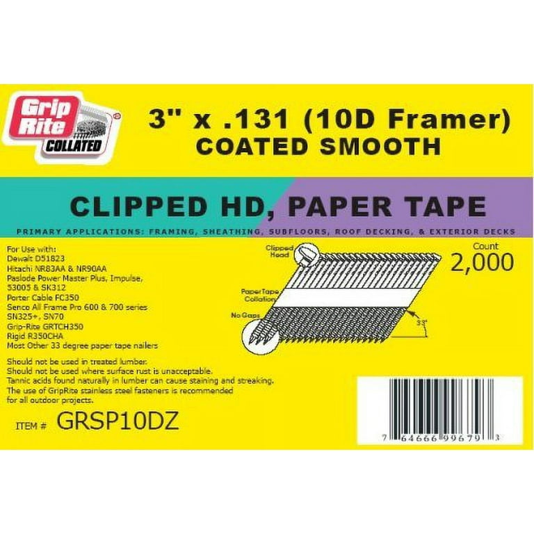 Grip-Rite GRSP10DZ Clipped Head 3-inch by .131-inch by 30 Degree Paper Tape  Collated Vinyl Coated Framing Nail, 2,000 per Box