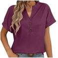 thumbnail image 2 of Dianli Mode Femme Été Col en V Loisirs Manches Courtes Boutons Hauts Unis Rentrée Scolaire Violet TG, 2 of 4