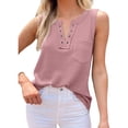 thumbnail image 1 of Blusa rosa pura sin mangas con escote en V y bolsillos para mujer de verano, 1 of 7