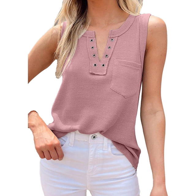 Blusa rosa pura sin mangas con escote en V y bolsillos para mujer de verano