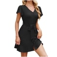 thumbnail image 2 of Styesk Robes pour Femmes Femme Mode Confortable Été Couleur Unie Bouton Lien Manches Courtes Robe à Col en V, 2 of 7