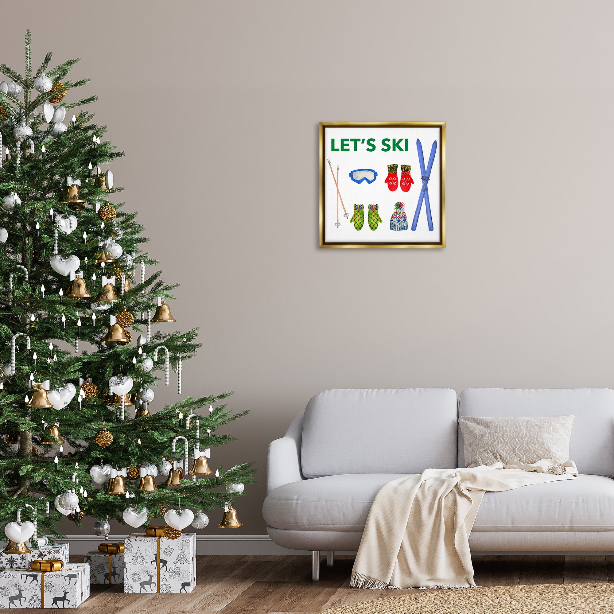 Stupell Industries Let's Ski on White Sports Painting Gold Floater Framed Canvas Art Prints Wall Art, 25 x 25