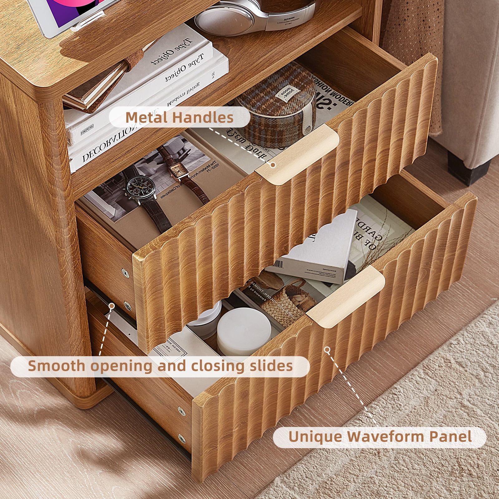 LEYAOYAO Fluted Nightstand with Charging Station, Modern End Table with with Open Shelf and 2 Storage Drawers for Bedroom, Brown