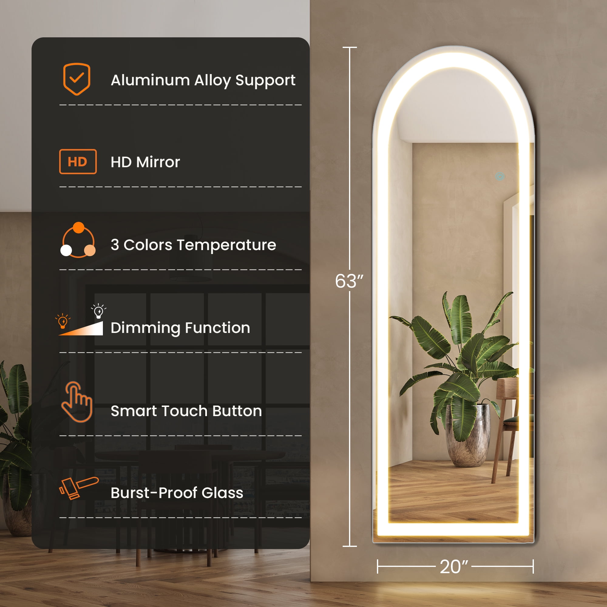 MAYEERTY 64" × 21" LED Full Length Mirror, 3 Color Lighting Floor Standing Mirror with Bracket