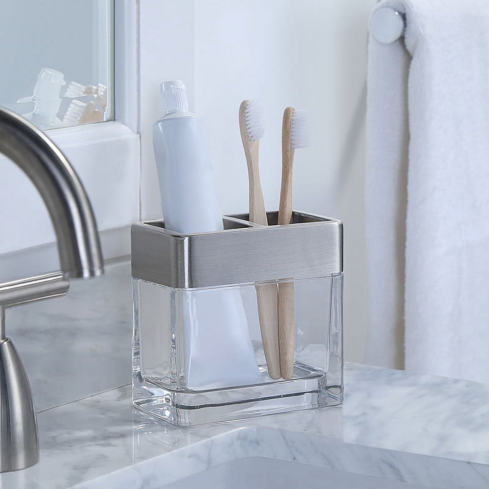 Better Homes & Gardens Metal and Glass Toothbrush Holder, Clear with Silver Accent
