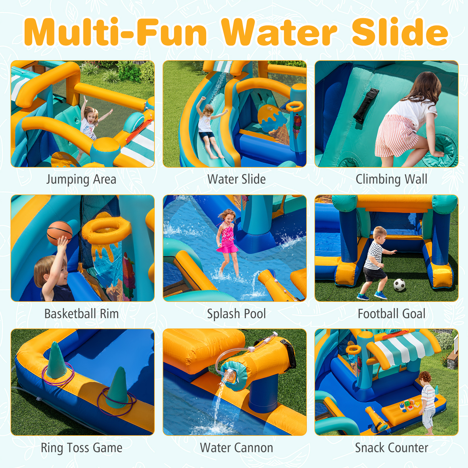 Patiojoy Inflatable Water Park with Market Stand Water Slide with Climbing Wall & 750W Blower