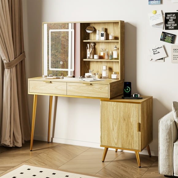 Tocador De Maquillaje - Multifuncional - Espejo LED - Estación de Carga - Vanity Tocador Para Recamara 2 cajones, estantes de 3 niveles - Tocador Moderno de lujo 3 modos de luz fría, neutra y cálida