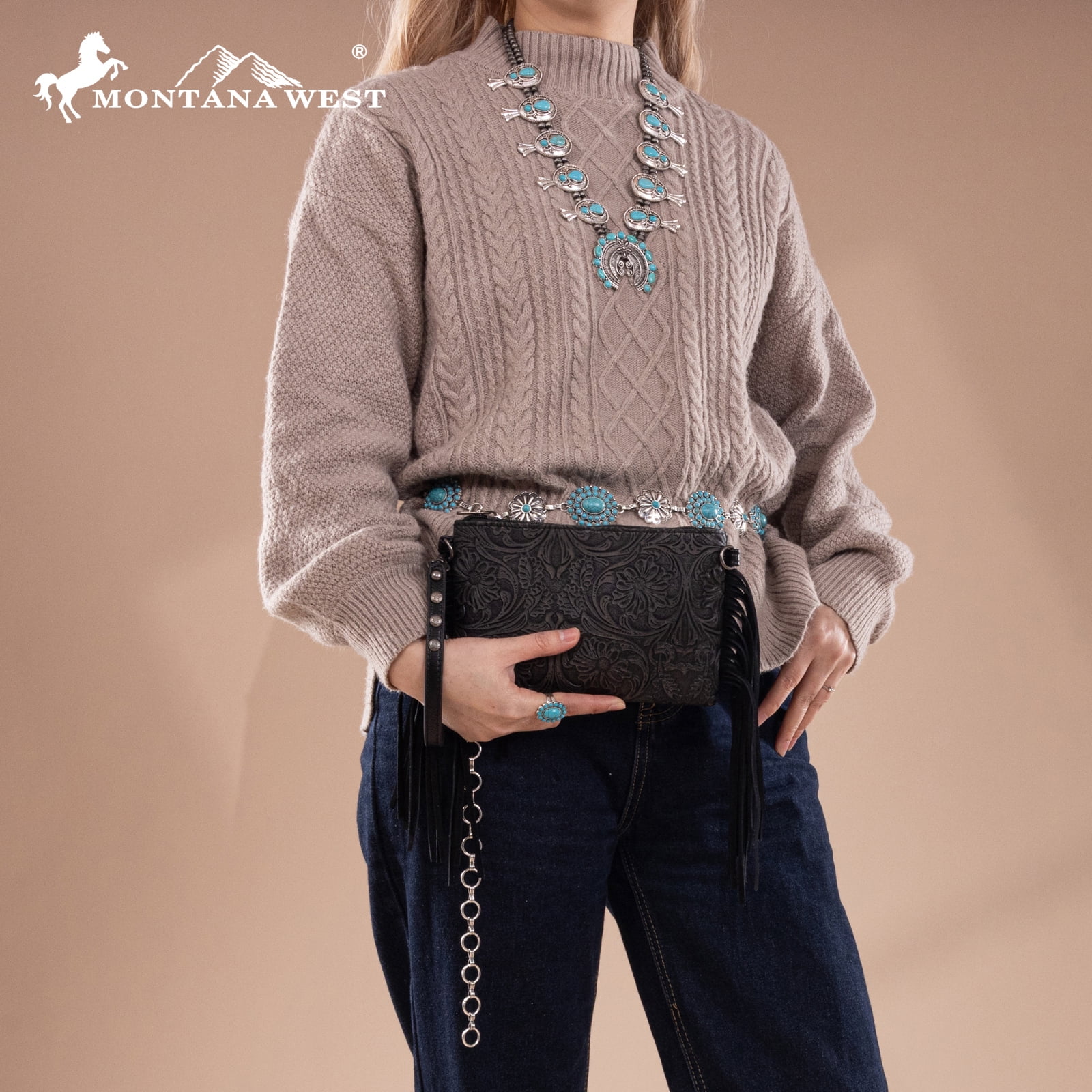 Montana West Western Purse for Women Stylish Crossbody Bag Versatile Wristlet Clutch Purse, Black