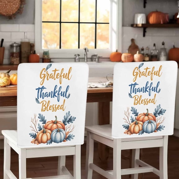 Grateful Thankful Blessed Chair Covers Set of 6 Thanksgiving Pumpkin Watercolor Chair Back Covers Stretch Removable Washable Slipcovers Protector for Dining Room Kitchen Party Decor