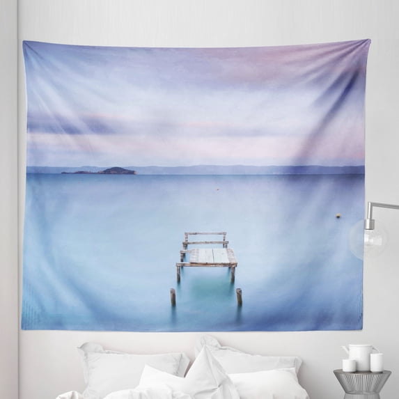 Landscape Tapestry, Wooden Jetty on Bolsena Lake Italy Long Exposure Photo European Nature View, Fabric Wall Hanging Decor for Bedroom Living Room Dorm, 5 Sizes, Pale Blue Lilac, by Ambesonne