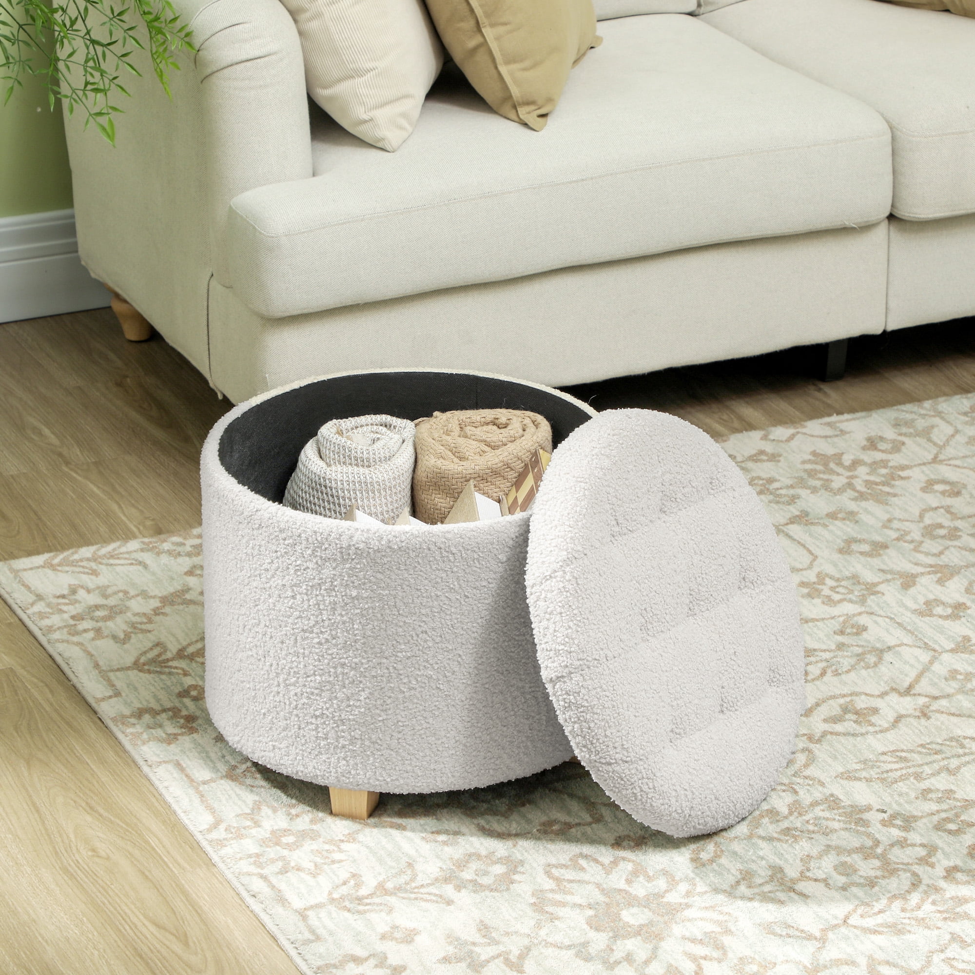 HOMCOM 18" Round Ottoman with Storage, Teddy Fleece Button Tufted Bedroom Stool with Removable Lid and Wood Legs for Living Room, Hallway, White