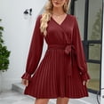 thumbnail image 2 of VSSSJ Women Spring Summer Long Sleeve Solid Color V-Neck Pleated Short Dresses Tie Waist Casual Cocktail Party Elegant Mini Dress, 2 of 6