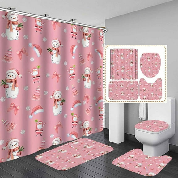 4PCS Christmas Shower Curtain Set, Snowflake Green Pine Tree Winter Holiday New Year Bathroom Decor, Waterproof Fabric Shower Curtain, Non-Slip Bath Mat Bathroom Rugs, Xmas Gifts