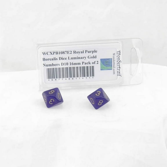 Royal Purple Borealis Dice Luminary with Gold Numbers D10 Aprox 16mm (5/8in) Pack of 2 Wondertrail