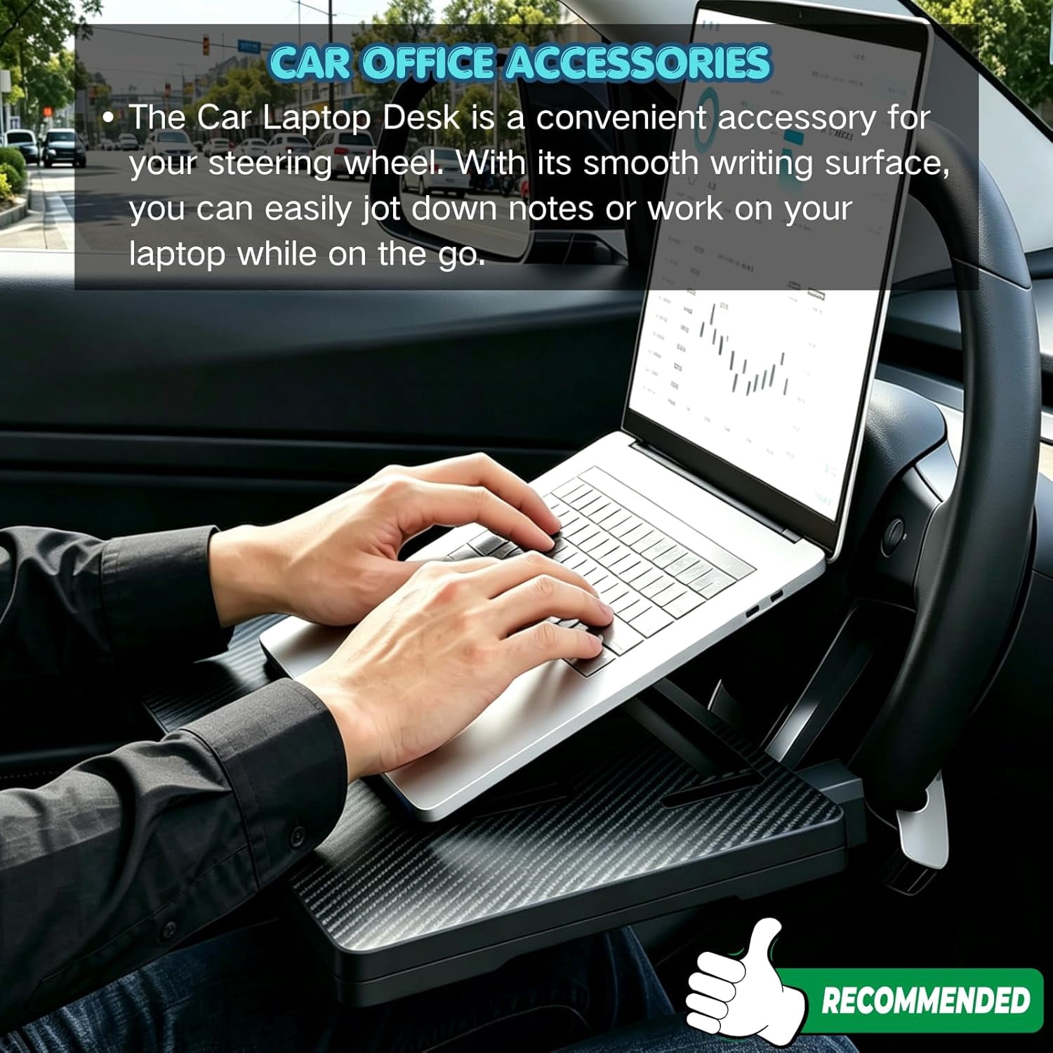 AUEOTUAR Carbon Fiber 3-in-1 Steering Wheel Tray Table & Car Seat Gap Filler Organizer | Foldable Adjustable Desk for Laptop, Eating & Work | Universal Car Office Accessories for Drivers, Women & Men