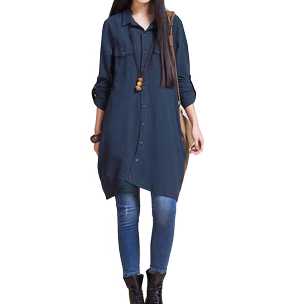 Lino del algodón blusa larga irregular del dobladillo Botones ocasionales flojas Eccomum Azul oscuro/XXL