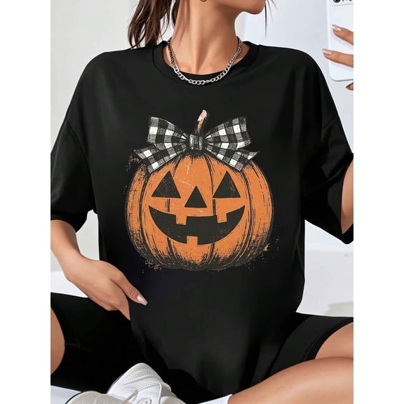 Women Halloween Pumpkin Graphic Tee Black Short Sleeve T Shirt With Plaid Bow Knot Print Casual Fall Top