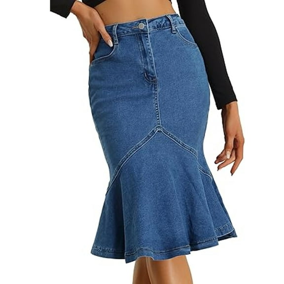 SOMER Women's Denim Mini Skirt Jean High Waisted Bodycon with Ruffles Casual Business Youth Midi Length Jean Skirt Blue