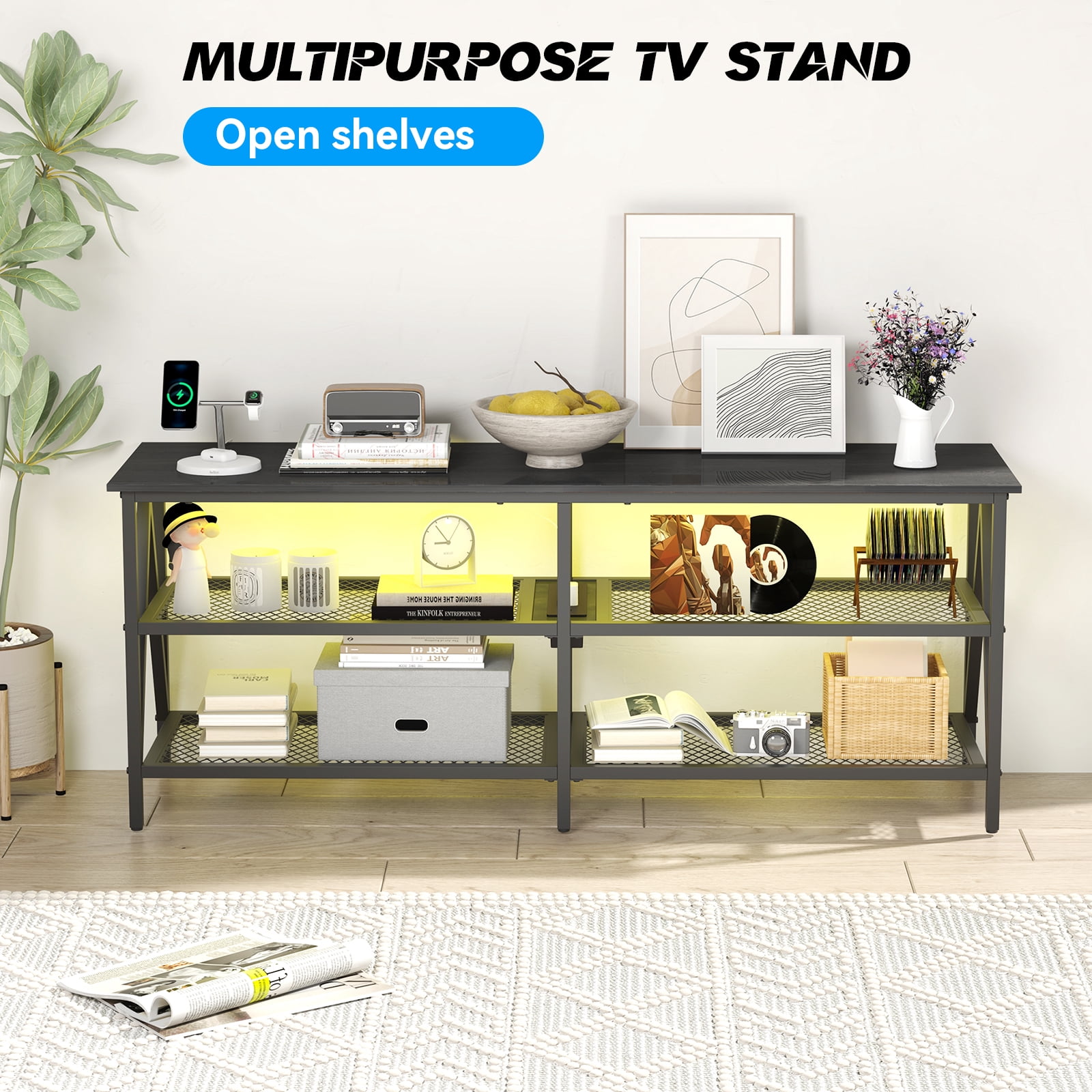 Behost TV Stand for 65 inch TV, TV Cabinet with 20 Colors LED Lights for Living Room,Black