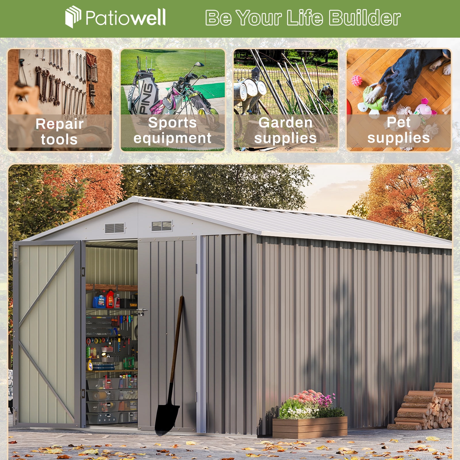 Patiowell 8' x 10' Outdoor Storage Shed, Metal Tool Shed with Lockable Doors for Garden, Backyard, Patio Use, Gray