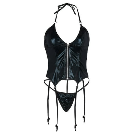 

Yubnlvae Set Womens Leather With Garter Thong Lingerie Underwear Bodysuit Zipper