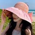 thumbnail image 3 of CSChome Sun Hat Ruffle Wide Brim Hat Knitting Empty Dome Bowknot Decor Embossing Process Women Patchwork Color Travel Bucket Hat Fashion, 3 of 7